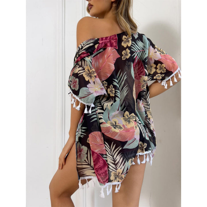 Damen Strandüberwurf mit floralem Design und verspielten Fransen Echo Archiv