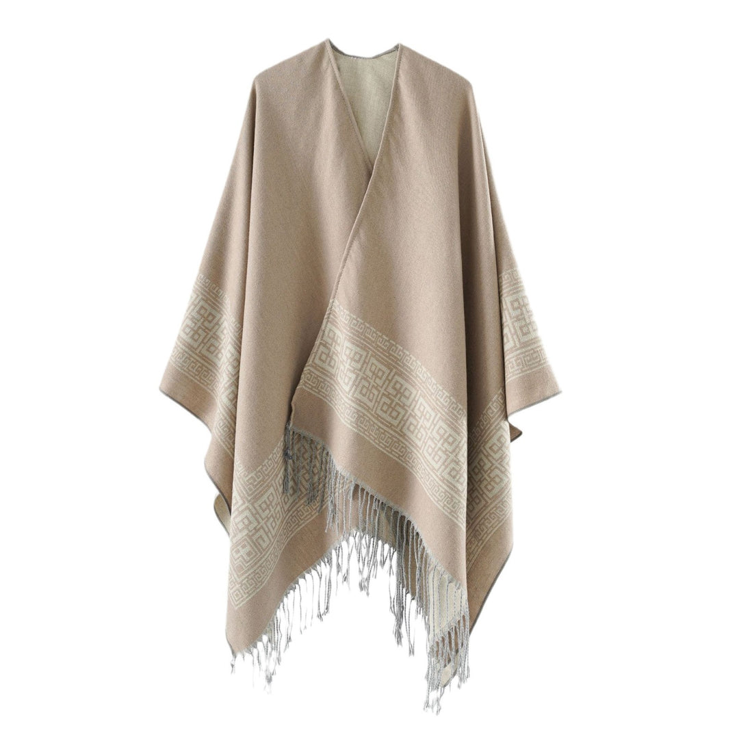 Damen Reversibler Wollmix‑Überwurf im Kimono‑Fall mit ornamentaler Bordüre und Zierfransen – Célinea