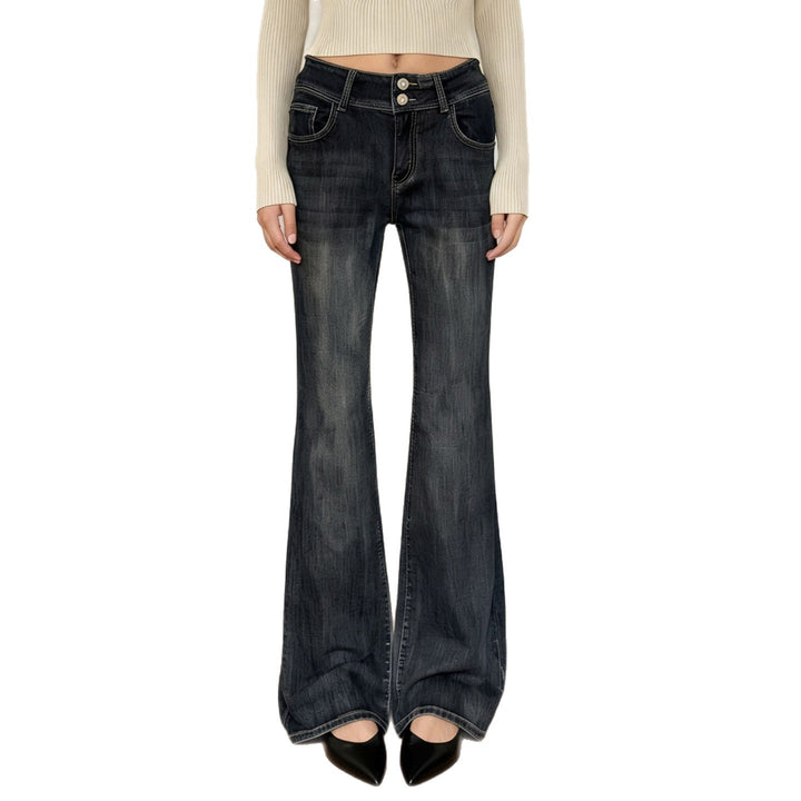 Damen Hochtaillierte Schlagjeans mit weitem Bootcut und doppeltem Knopfverschluss – Dénora