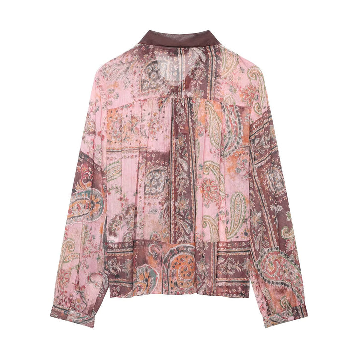 Damen Chiffonbluse im Paisley-Print mit Schleifenkragen und Rüschenfront Echoarchiv