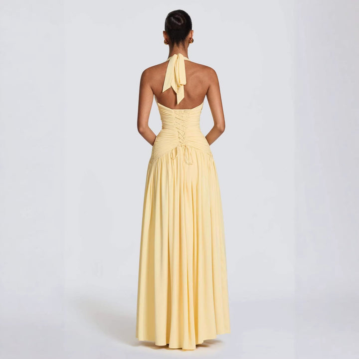 Damen Elegantes Maxikleid mit halterlosem Ausschnitt und raffiniertem Faltenwurf Echoarchiv