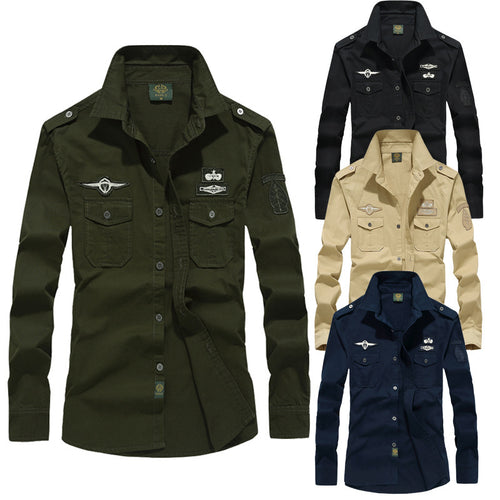 Herren nan militärisch inspiriertes Langarm-Utility-Hemd mit Schulterklappen, aufgesetzten Brusttaschen und Abzeichen Echo Archiv