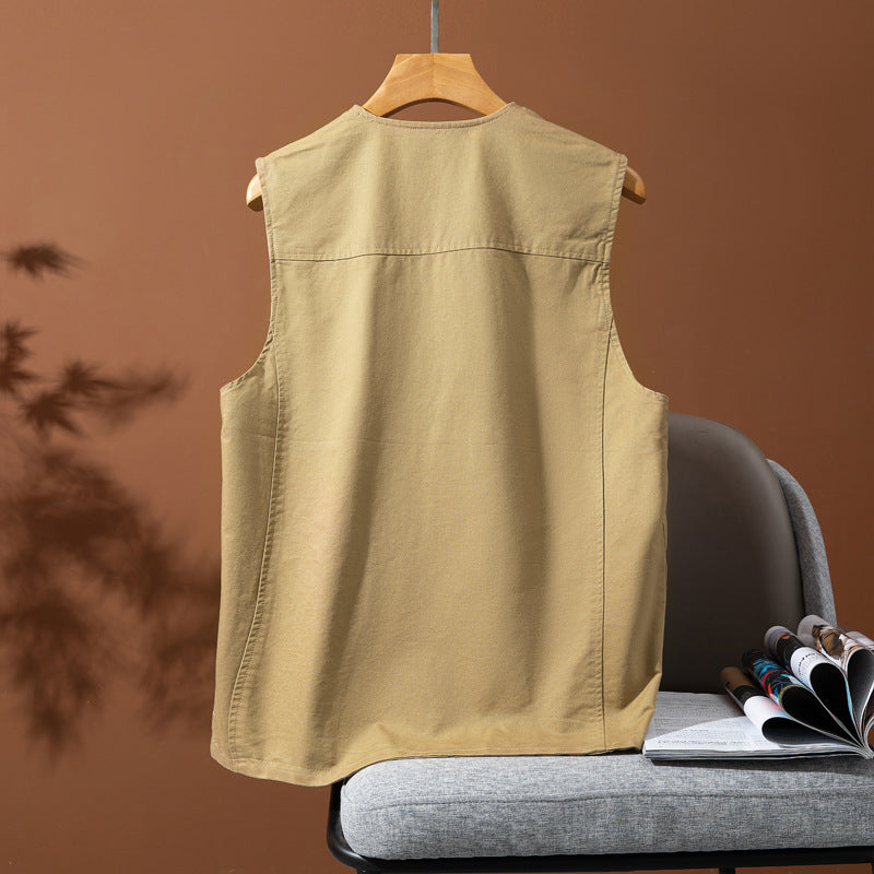 Herren Ärmellose Utility-Canvas-Weste mit V‑Ausschnitt, Knopfleiste und aufgesetzten Taschen Echoarchiv