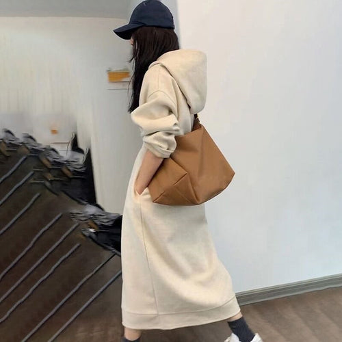 Damen Langes Oversize-Kapuzen-Sweatkleid mit Eingrifftaschen und legerer Maxi-Silhouette – Valéora