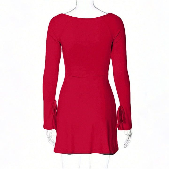 Damen figurbetontes Minikleid mit quadratischem Ausschnitt langen Ärmeln Bindbändern an den Ärmelabschlüssen und seitlichem Schlitz – Élara
