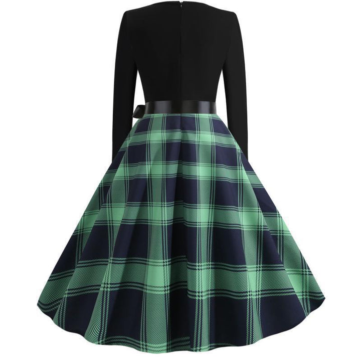 Damen Retro‑Swingkleid mit gezacktem Herzausschnitt, tailliertem Langarmoberteil und karierter Tellerrock – Élara