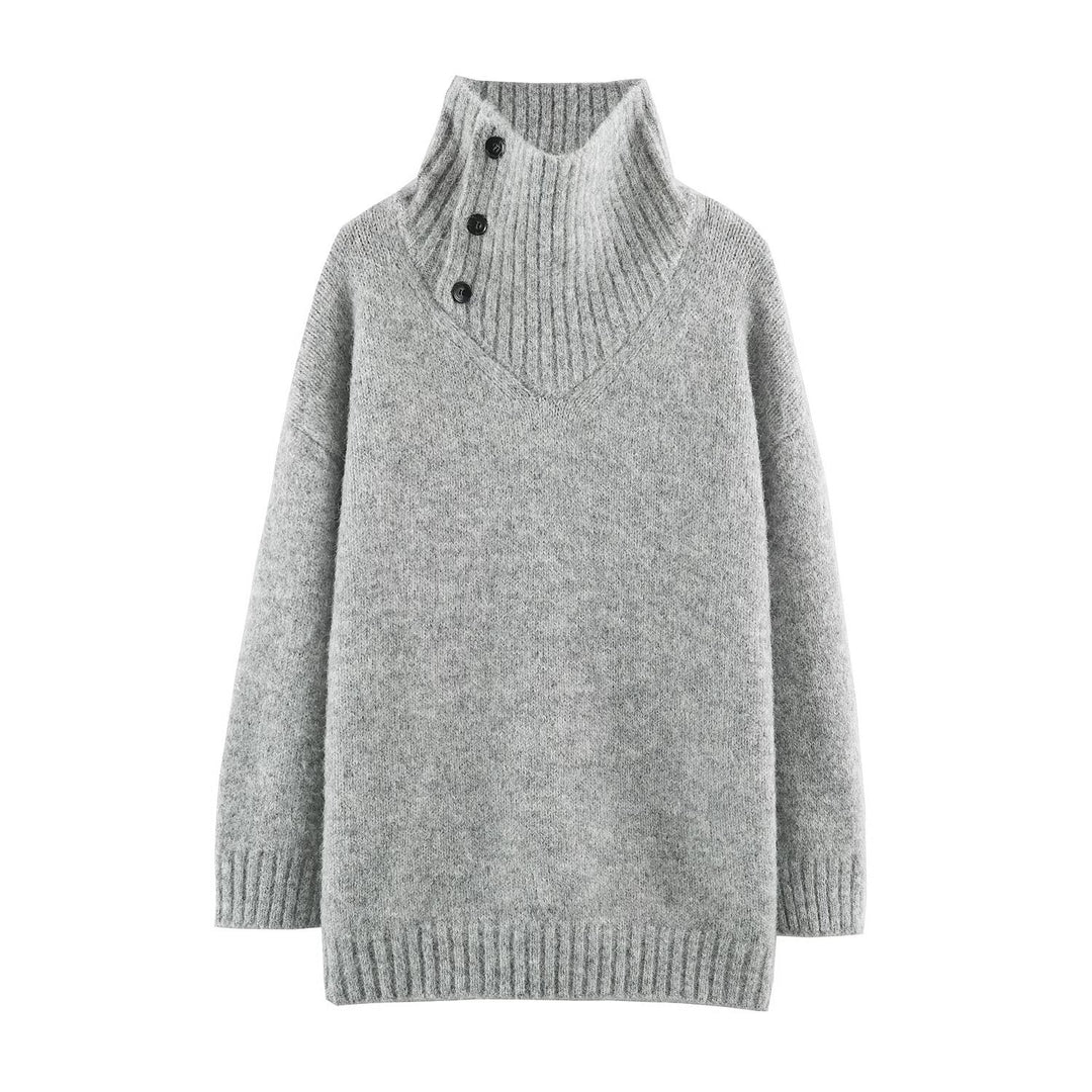 Damen Oversized Strickpullover mit hohem Rippkragen, Knopfdetail und V‑Ausschnitt Echoarchiv