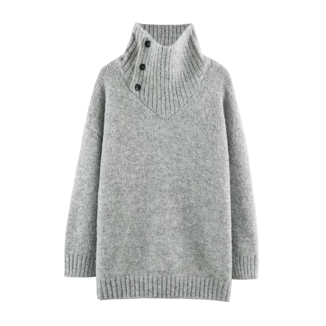 Damen Oversized Strickpullover mit hohem Rippkragen, Knopfdetail und V‑Ausschnitt Echoarchiv