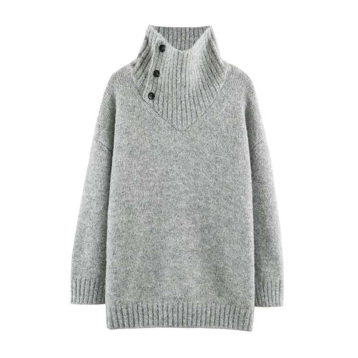 Damen Oversized Strickpullover mit hohem Rippkragen, Knopfdetail und V‑Ausschnitt Echoarchiv