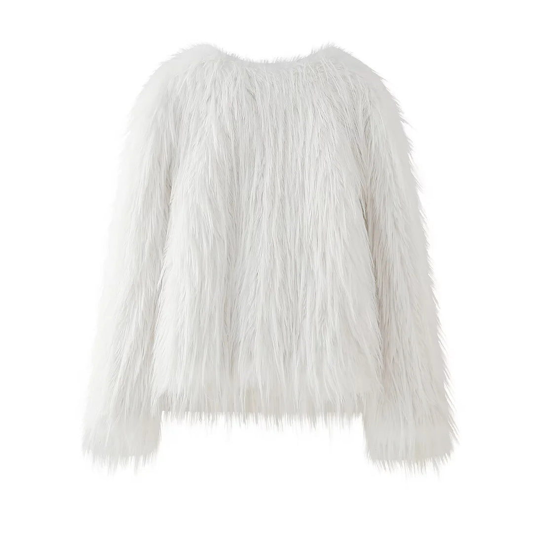 Damen kurze Eco-Kunstpelzjacke mit langfaseriger Flokati‑Optik, Rundhalsausschnitt und nahtverdecktem Innenfutter – Célinea