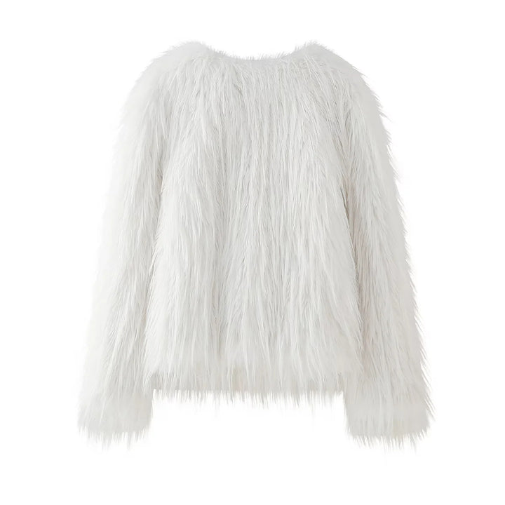 Damen kurze Eco-Kunstpelzjacke mit langfaseriger Flokati‑Optik, Rundhalsausschnitt und nahtverdecktem Innenfutter – Célinea
