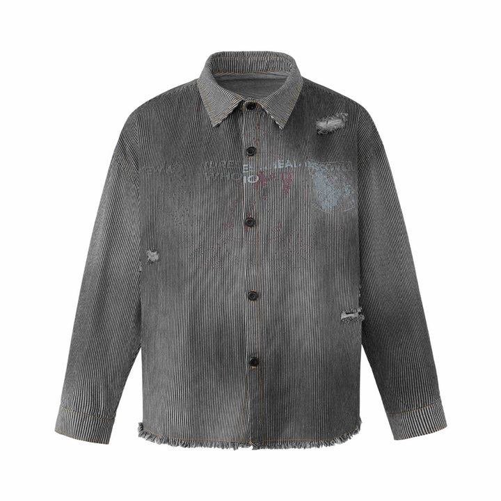 Damen Overshirt-Jacke aus gestreiftem Denim mit Fransen und Used-Details Echoarchiv