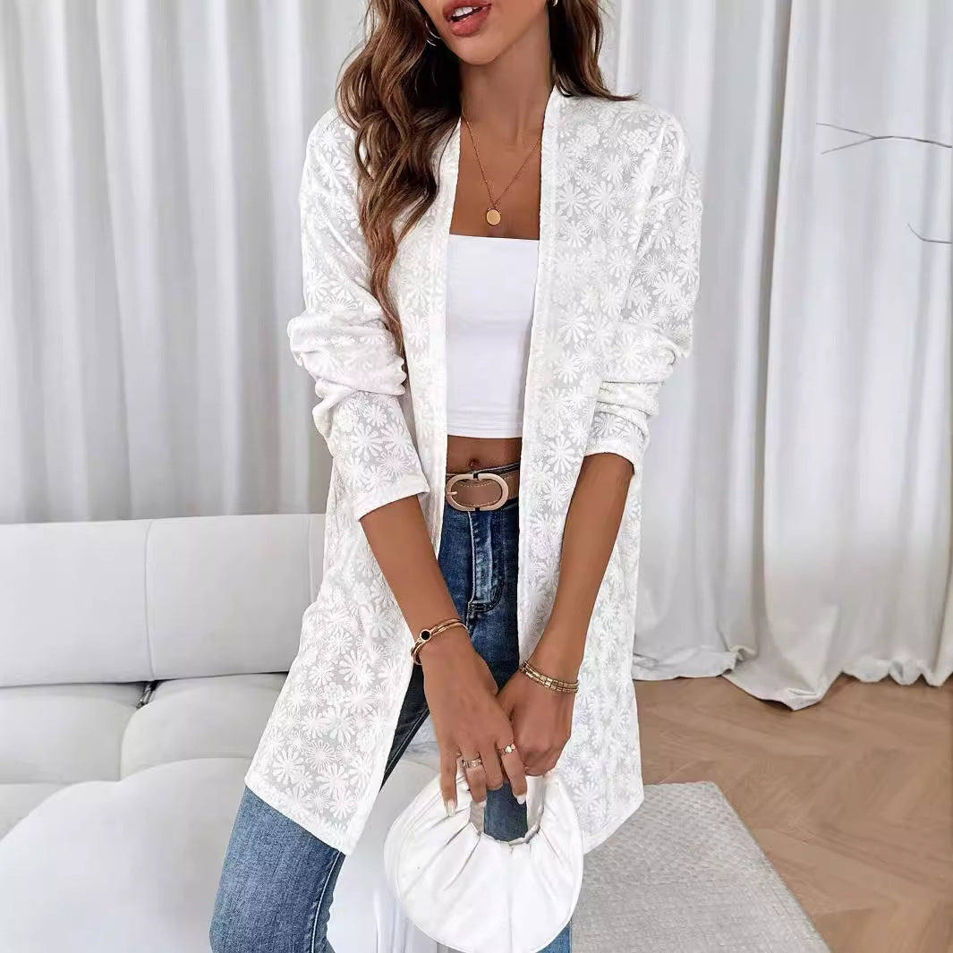 Damen nan fein bestickter Langcardigan aus semi-transparenter Spitze mit floralem Strukturrelief Echo Archiv