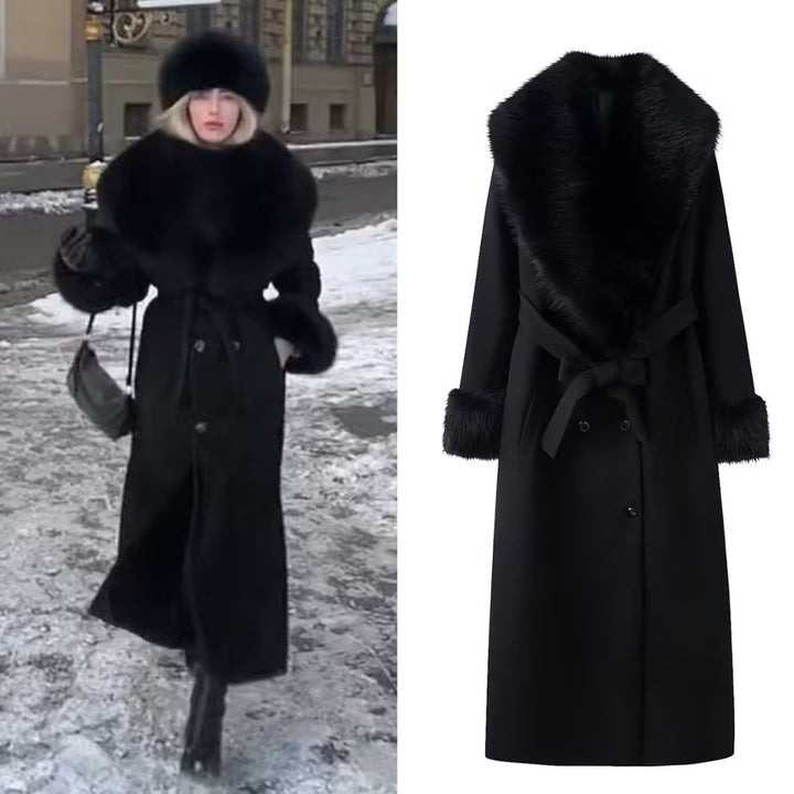 Damen Langer eleganter Wollmix-Mantel mit breitem Kunstfellkragen, Bindegürtel und Fellmanschetten Echo Archiv
