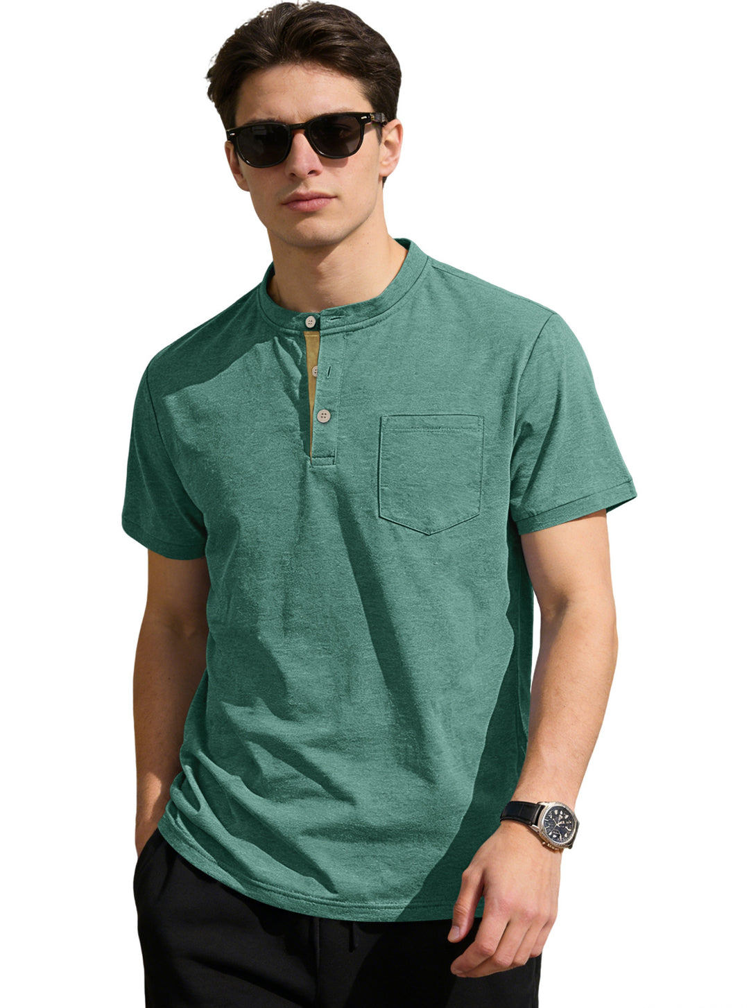 Herren nan strukturiertes Baumwoll-Henleyshirt mit kurzem Stehkragen Knopfleiste und Brusttasche Echo Archiv