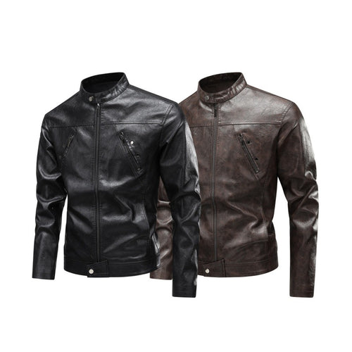 Herren Lederimitat-Bikerjacke mit Stehkragen, schmaler Passform & diagonalen Reißverschlusstaschen Echoarchiv