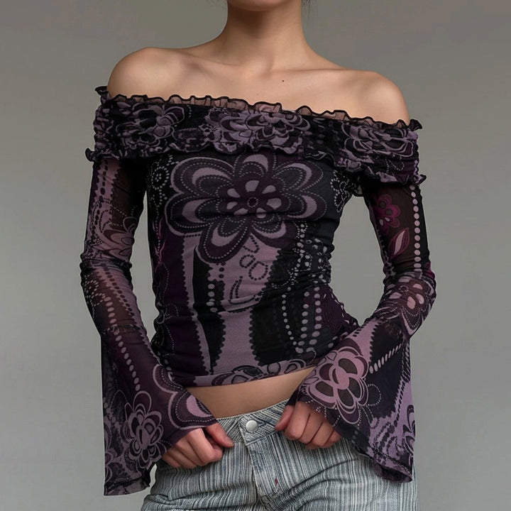 Damen Off-Shoulder Bluse mit eleganten Rüschendetails und weiten Ärmeln Echo Archiv