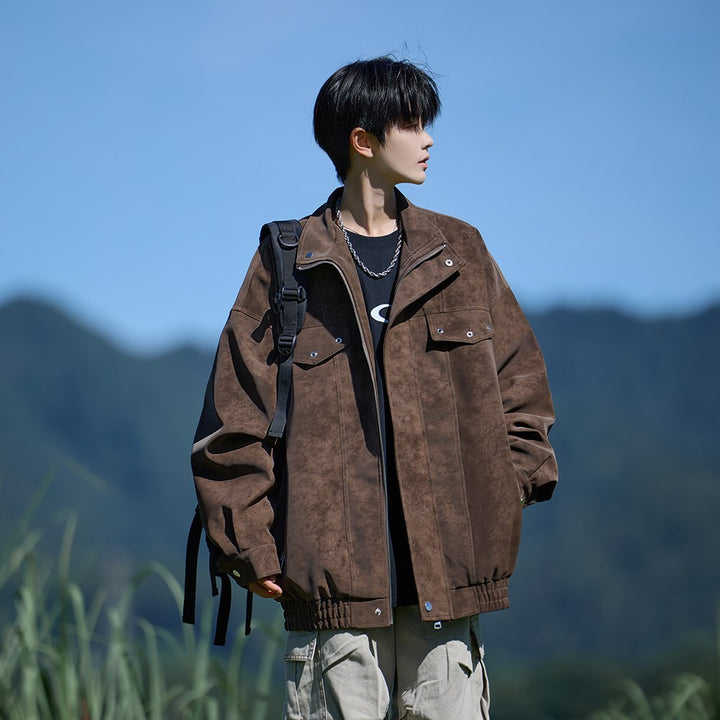 Herren Oversized Lederjacke mit weitem asymmetrischen Revers und Taillengürtel Echoarchiv