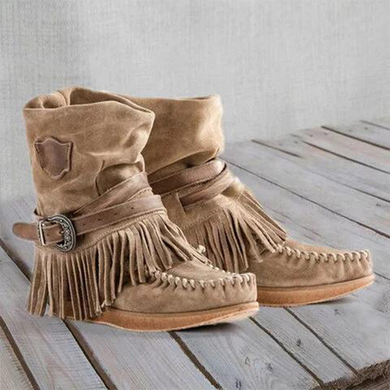 Damen nan Mokassin-Stiefelette mit Fransen, dekorativer Zierschnalle und handgenähter Mokassin-Naht Echo Archiv