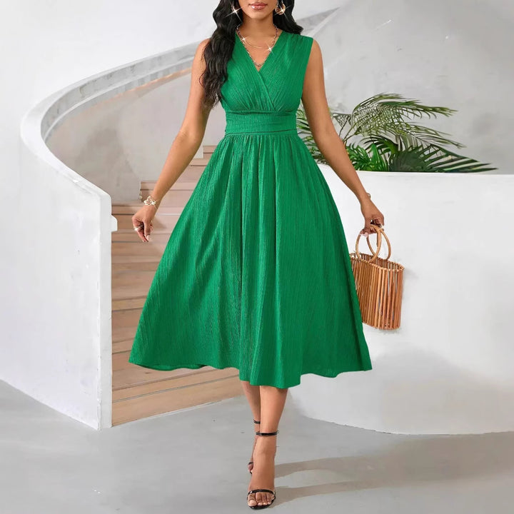 Damen Elegantes Midikleid mit V-Ausschnitt und fließendem Rock Echo Archiv