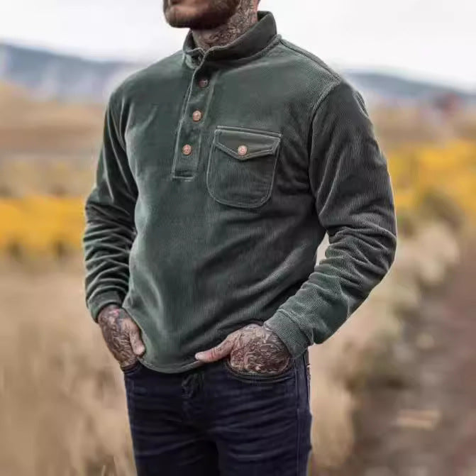 Herren Warmhaltendes Kord-Pullover mit Knopfleiste und Brusttasche Echoarchiv