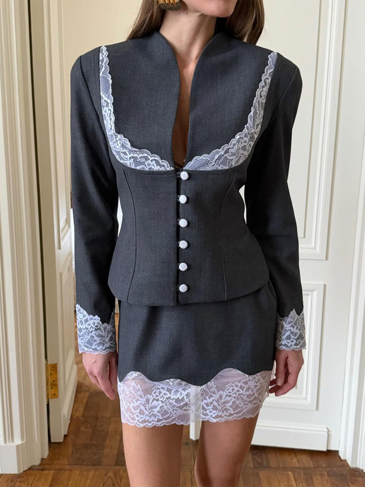 Damen Tailliertes Blazer- und Minirock-Set mit Spitzenbesatz Echoarchiv