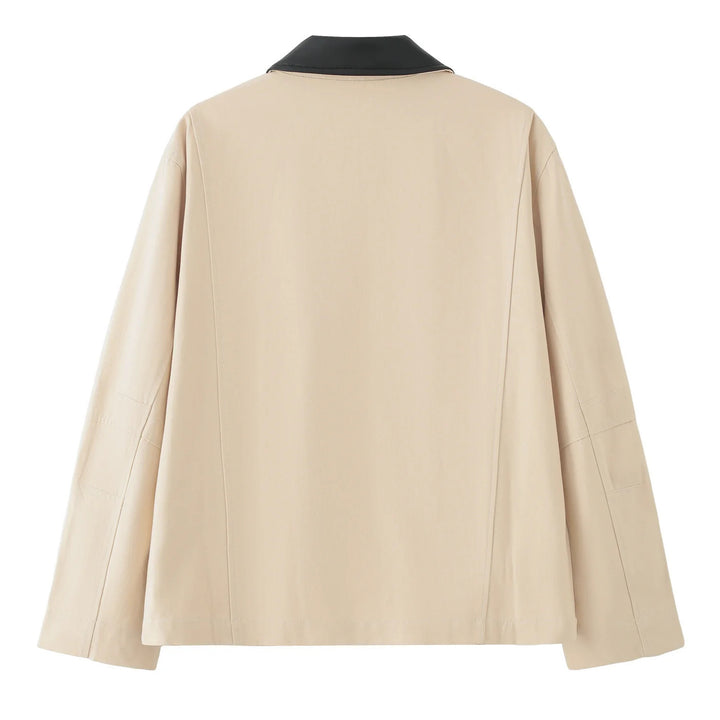 Damen Boxy Übergangsjacke mit kontrastkragen aus Kunstleder und durchgehendem Reißverschluss – Célinea