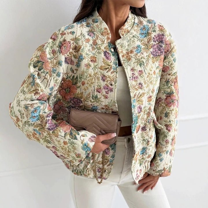 Damen Florale Jacquard-Steppjacke mit Stehkragen und elastischem Saum – Célinea