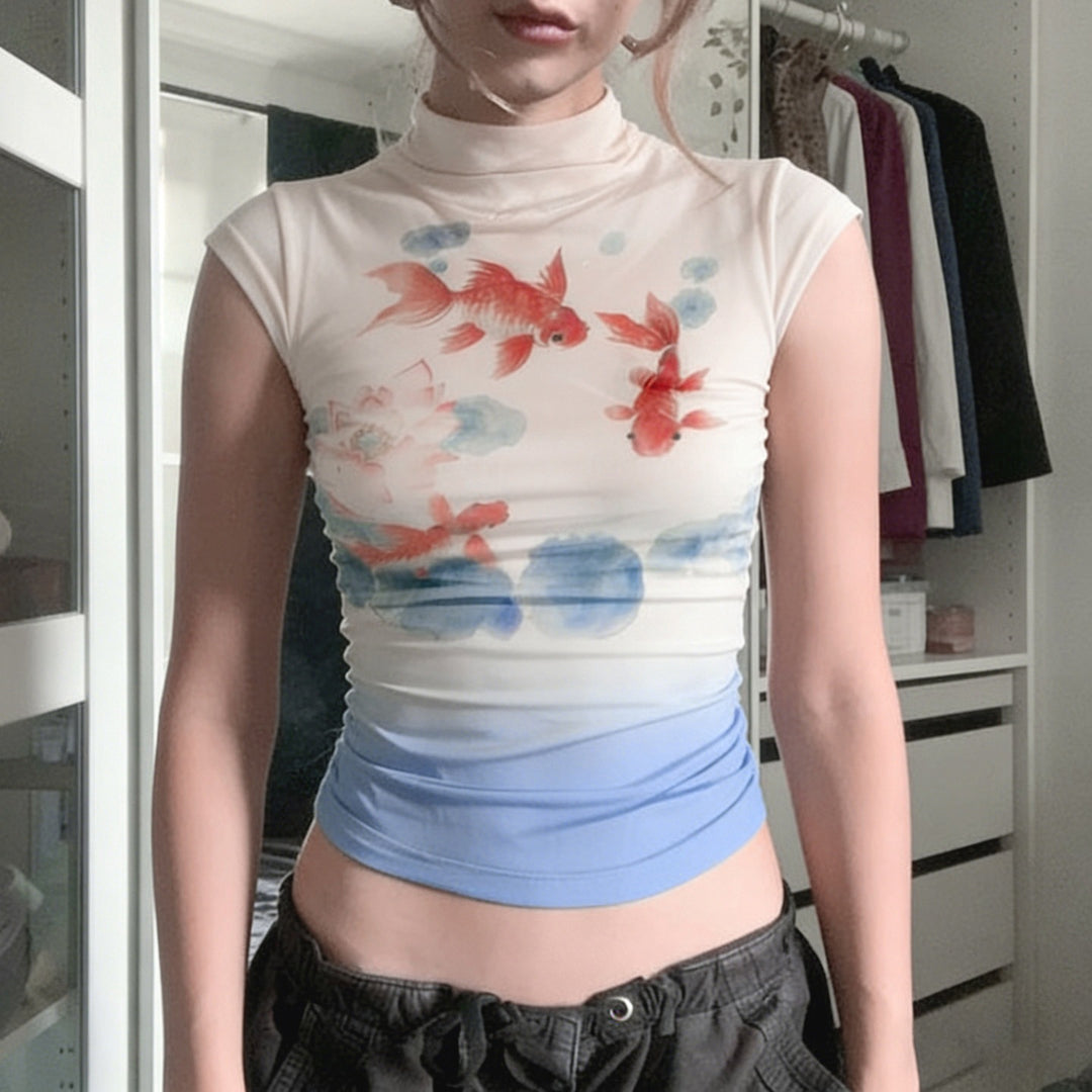 Damen figurbetontes T-Shirt mit eleganter Goldfisch-Illustration Echo Archiv