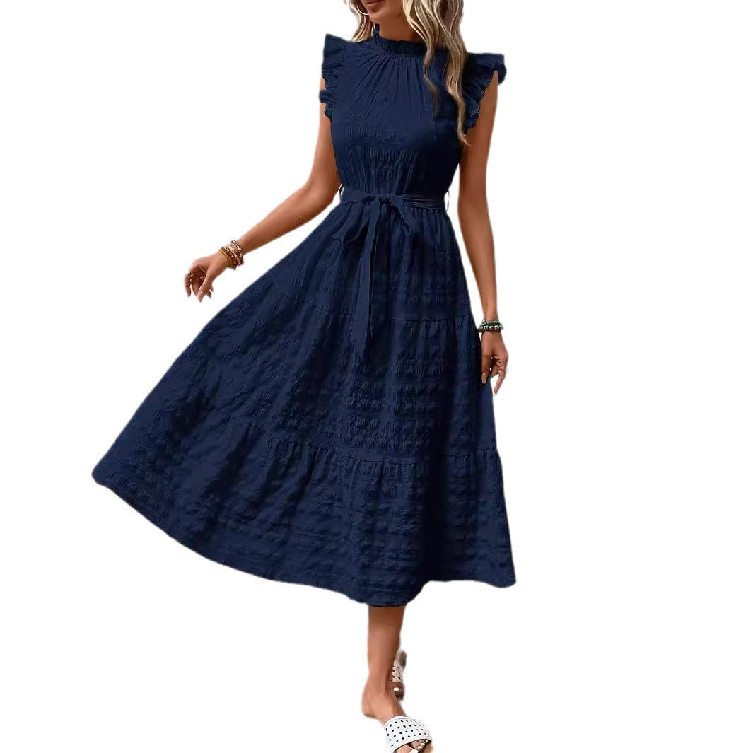 Damen Midikleid mit Stehkragen, Rüschenärmeln und Taillengürtel Echo Archiv