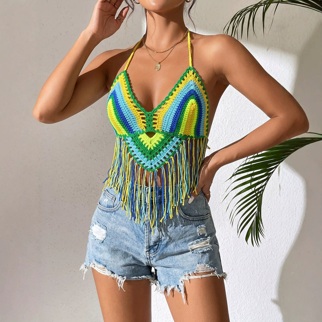 Damen gehäkeltes Crop-Top mit Fransen Echo Archiv