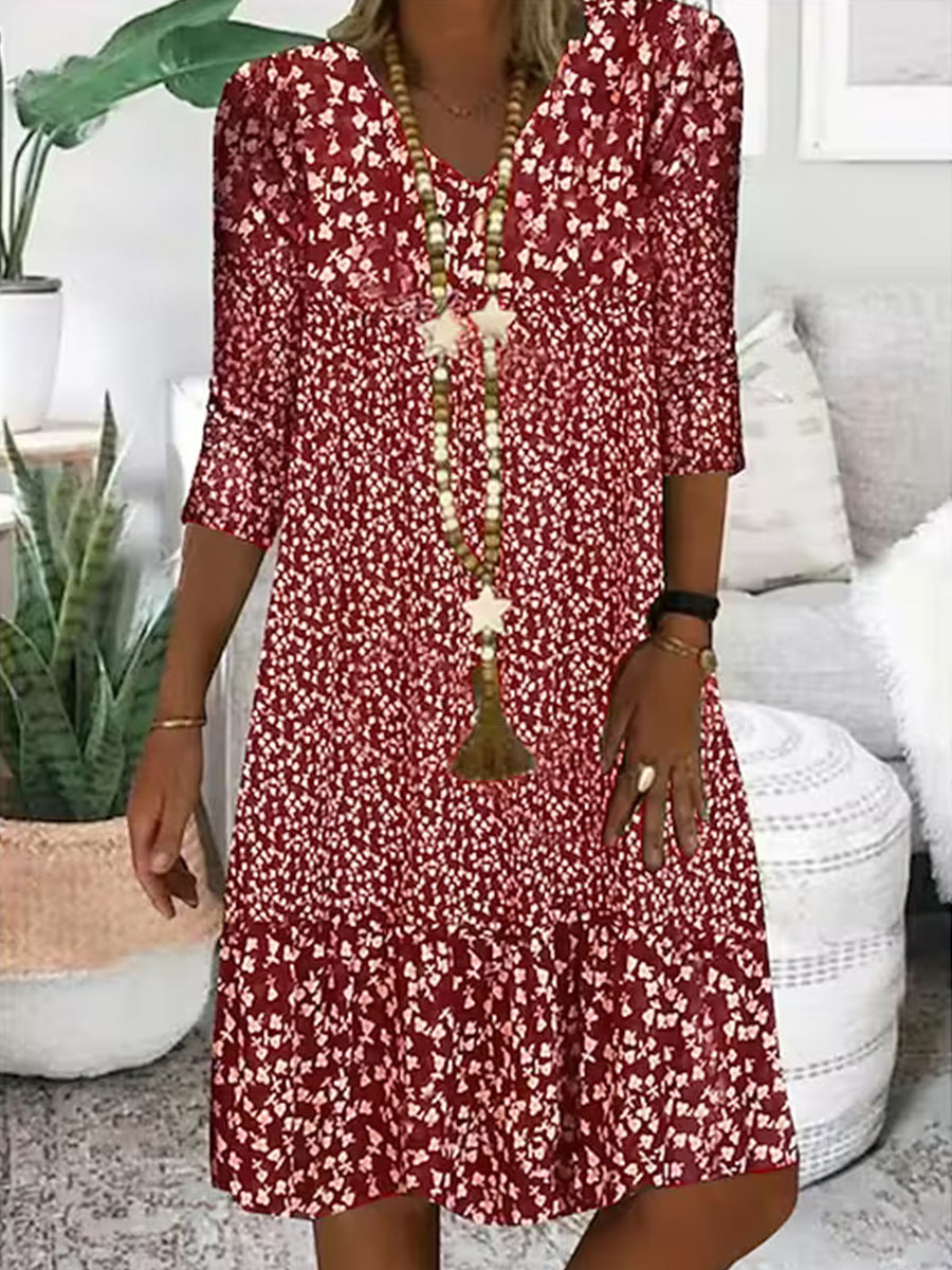 Damen Freizeit Stufen Kleid mit V-Ausschnitt und drei Viertel Ärmeln im floralen Allover-Druck – Lunéa