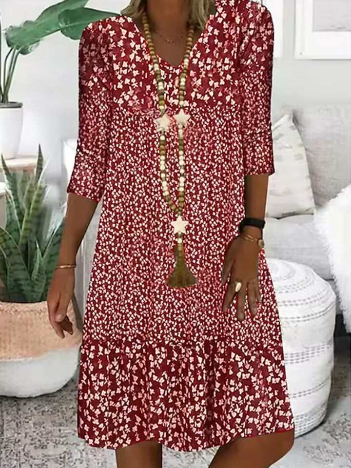 Damen Freizeit Stufen Kleid mit V-Ausschnitt und drei Viertel Ärmeln im floralen Allover-Druck – Lunéa