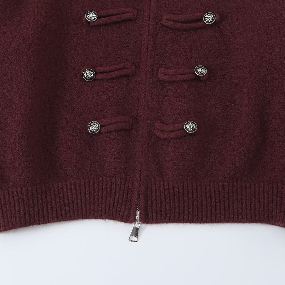 Damen Strickjacke mit Stehkragen, Reißverschluss und dekorativen Knotenblenden Echoarchiv