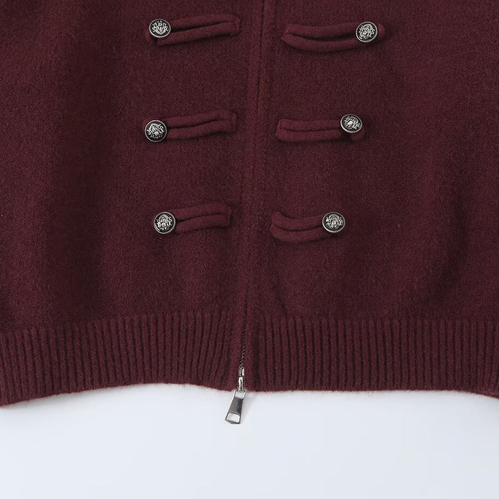 Damen Strickjacke mit Stehkragen, Reißverschluss und dekorativen Knotenblenden Echoarchiv