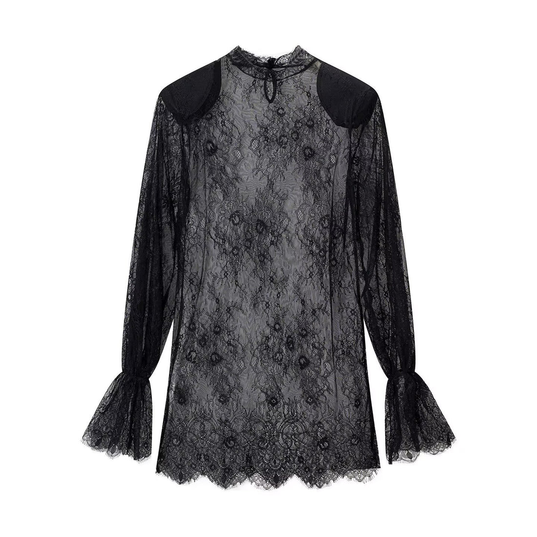 Damen transparente Spitzenbluse mit Stehkragen, Trompetenärmeln und Spitzensaum Echo Archiv