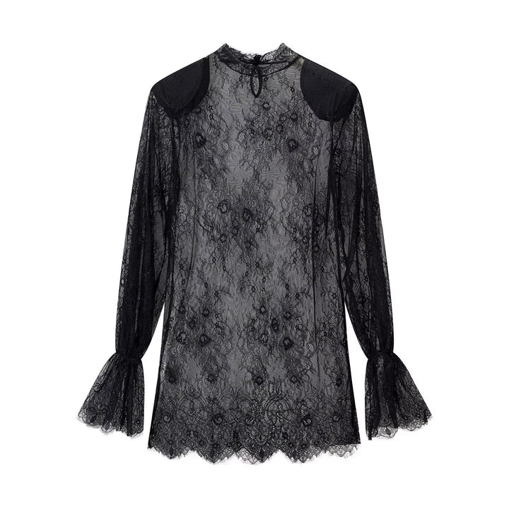 Damen transparente Spitzenbluse mit Stehkragen, Trompetenärmeln und Spitzensaum Echo Archiv