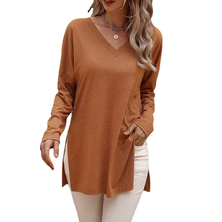 Damen lässige V-Neck Longsleeve-Tunika mit Seitenschlitzen und relaxed Fit – Avérine