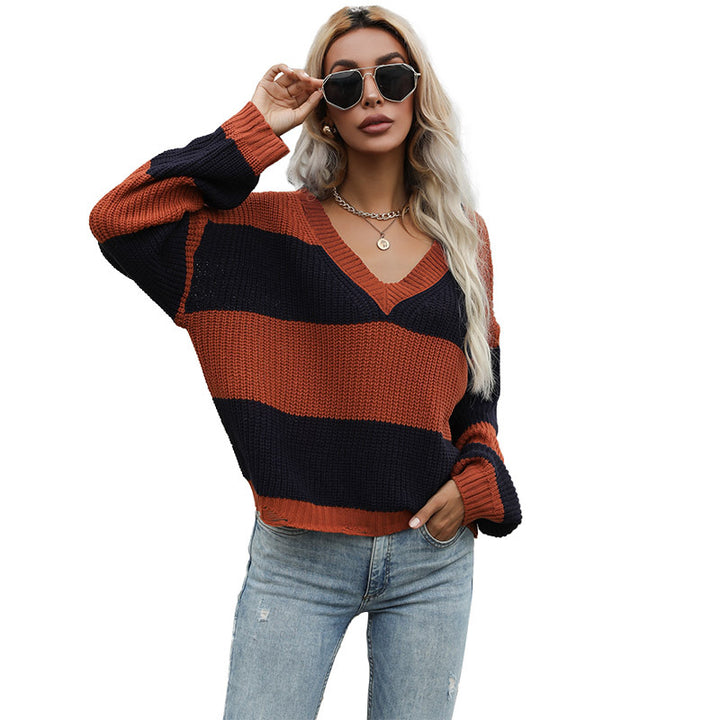 Damen Oversize-Chunky-Strickpullover mit schulterfreiem Fall, breiten Blockstreifen und geripptem Saum Echoarchiv