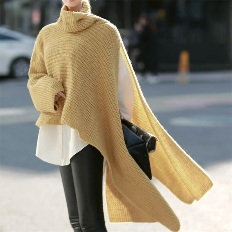 Damen Asymmetrischer Rollkragen-Poncho mit seitlichem Cape-Detail Echo Archiv