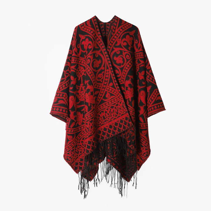 Damen Grobgewebter Rechteck‑Poncho mit orientalischem Medaillon‑Jacquard und dekorativem Fransensaum – Avérine