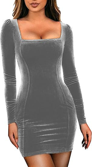 Damen Figurbetontes Samt-Minikleid mit quadratischem Ausschnitt und leichten Puffärmeln – Élara