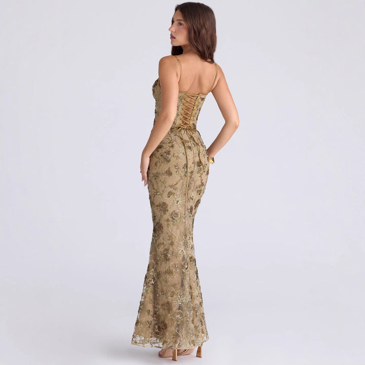 Damen nan elegantes besticktes Abendkleid mit Korsettoberteil und transparentem Spitzenüberzug Echo Archiv