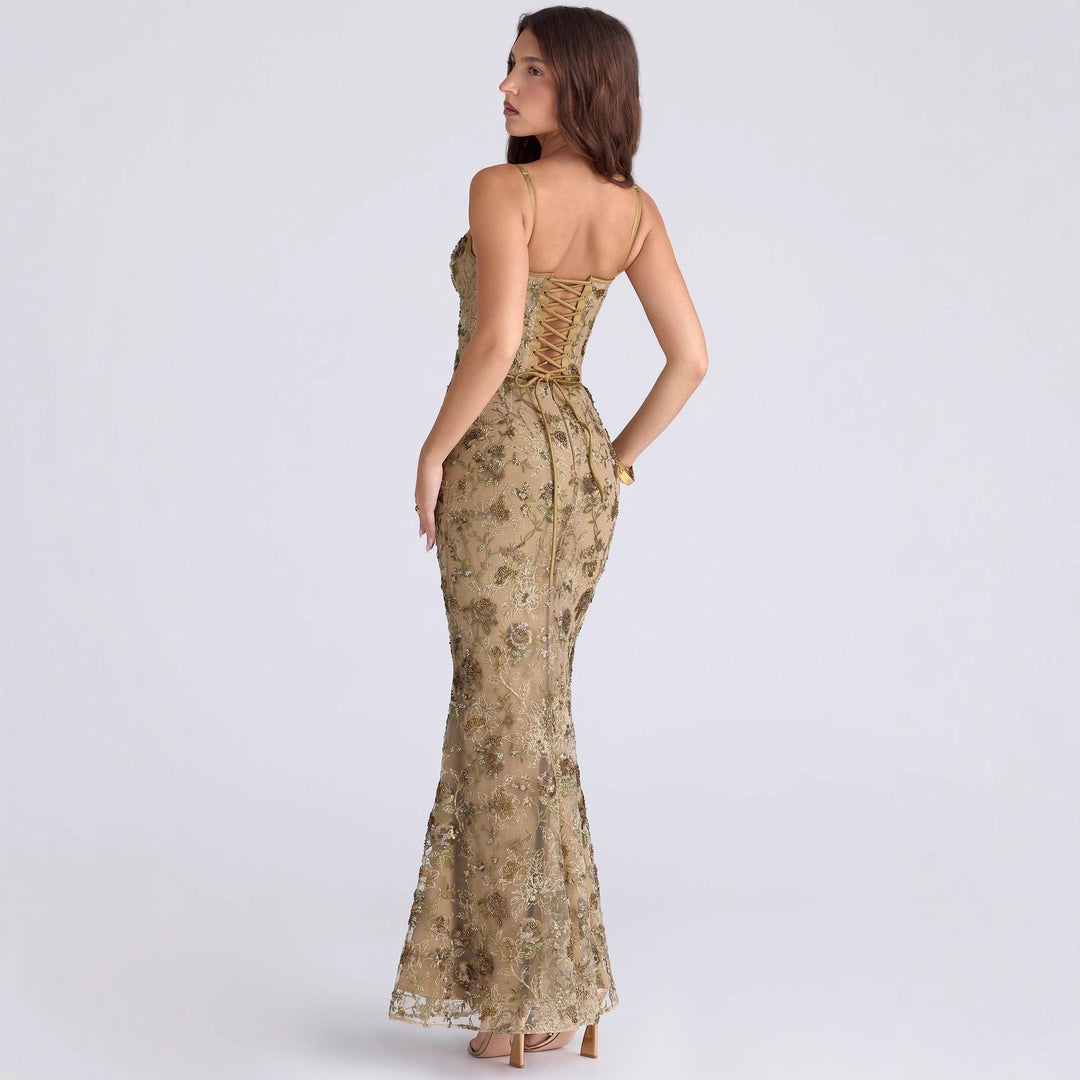 Damen nan elegantes besticktes Abendkleid mit Korsettoberteil und transparentem Spitzenüberzug Echoarchiv