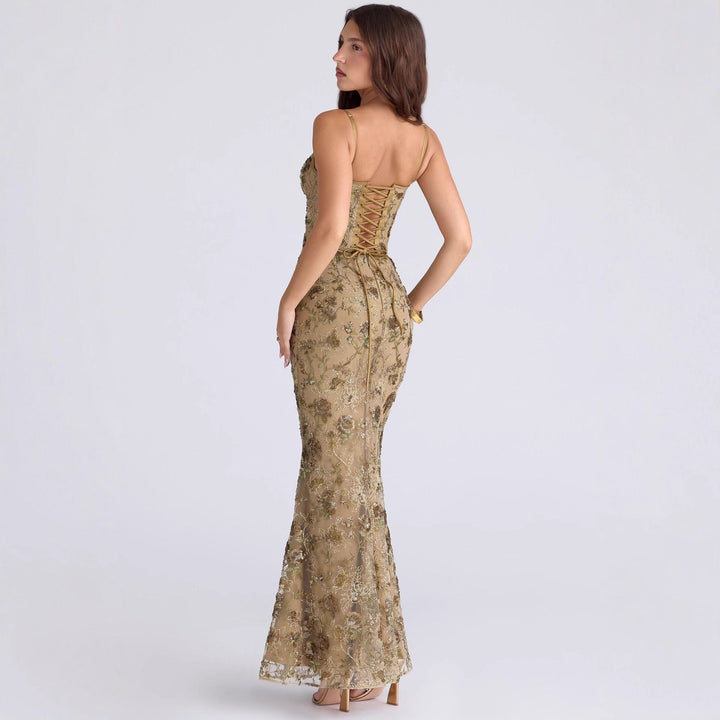 Damen nan elegantes besticktes Abendkleid mit Korsettoberteil und transparentem Spitzenüberzug Echoarchiv
