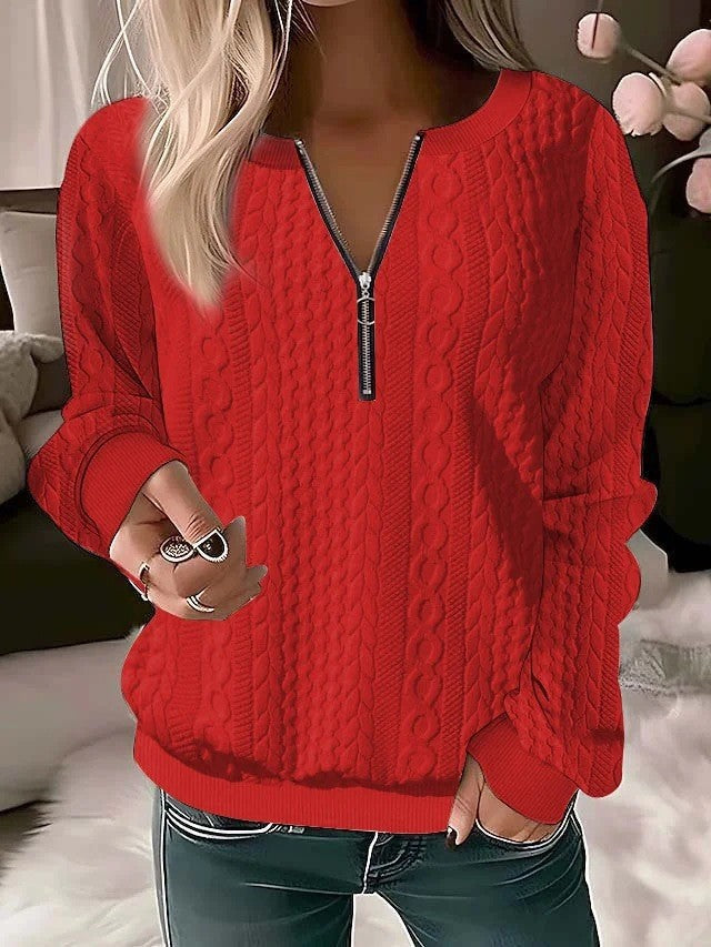 Damen Strukturierte Zopfmuster Sweatshirt mit Halbreißverschluss und Rippbündchen Echoarchiv