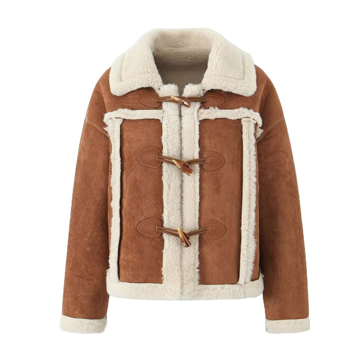 Damen Kurze Lammfelloptik-Jacke im Shearling-Look mit Knebelverschluss und Kontrastbesatz Echoarchiv