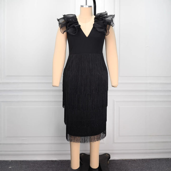 Damen Abendkleid mit voluminösen Rüschendetails und schickem Fransen Echo Archiv