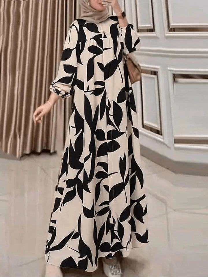 Damen Maxikleid mit lockerem A-Linien-Schnitt, weitem Fall und auffälligem Blattprint – Valéora