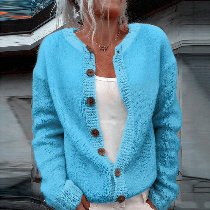 Damen nan kuscheliger Strickcardigan mit Zierholzknöpfen und Rundhalsausschnitt Echo Archiv